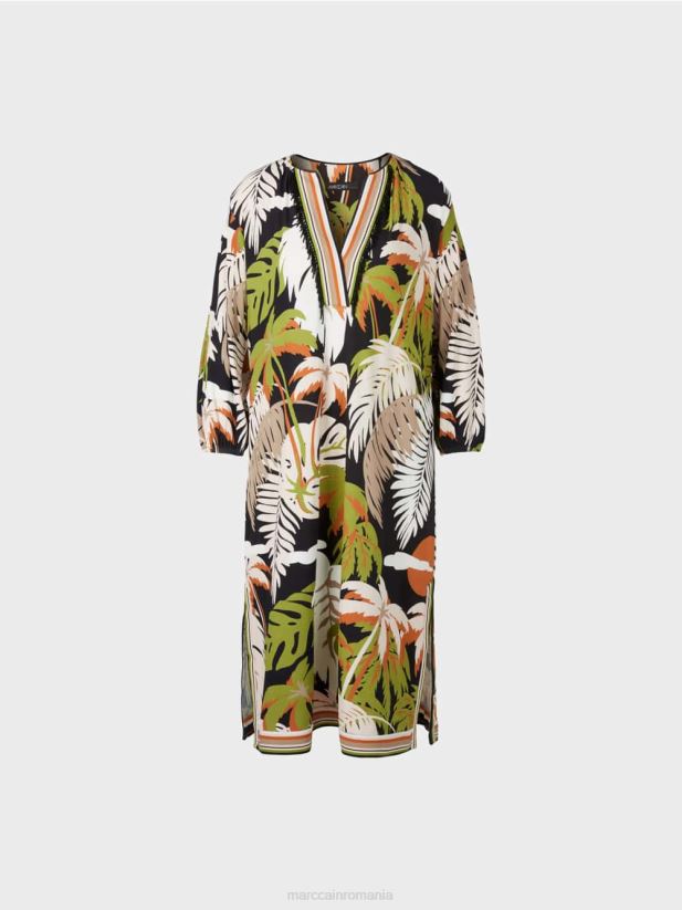 rochie lejeră cu motiv floral tropical Marc Cain verde oliv intens îmbrăcăminte 4826HH88