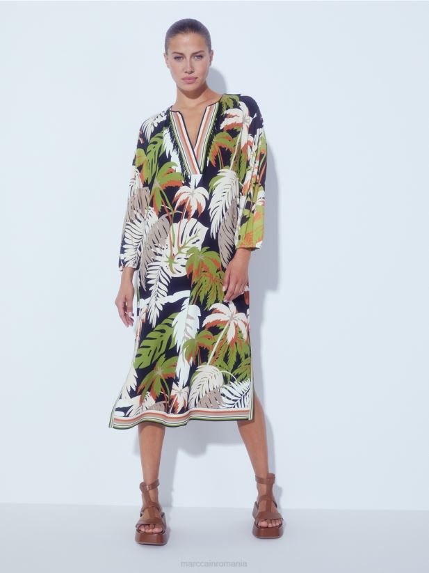 rochie lejeră cu motiv floral tropical Marc Cain verde oliv intens îmbrăcăminte 4826HH88