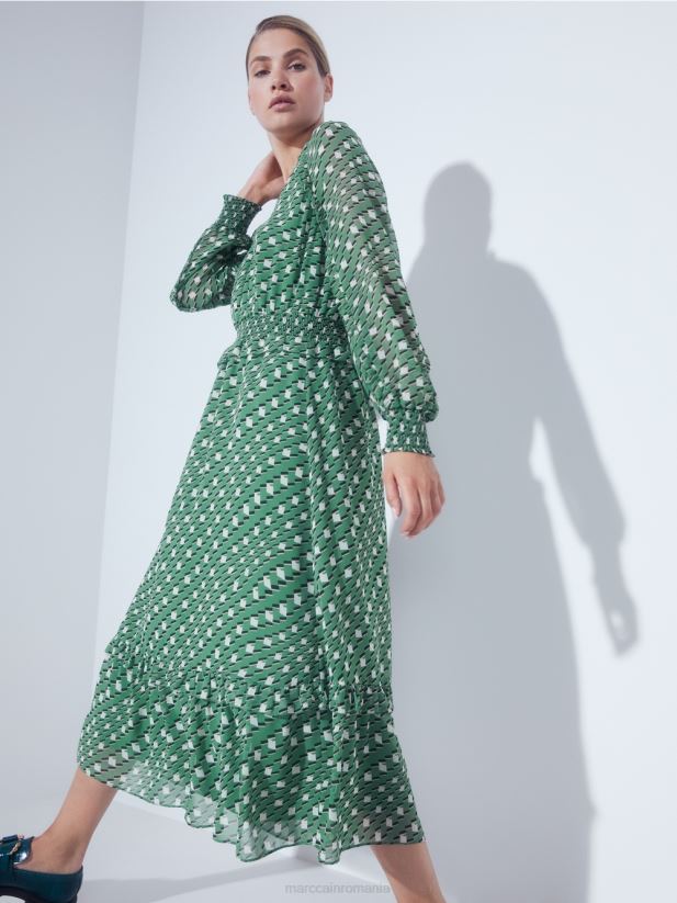 rochie lunga cu design geometric Marc Cain mușchi verde îmbrăcăminte 4826HH124