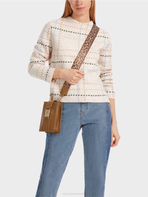 jumper cu carouri tricotat in germania Marc Cain crema inchisa îmbrăcăminte 4826HH1088