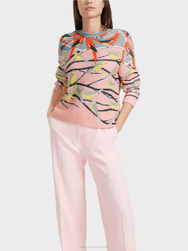 pulover cu design de păsări tricotat în germania Marc Cain albastru închis la cer îmbrăcăminte 4826HH1122