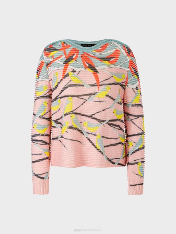 pulover cu design de păsări tricotat în germania Marc Cain albastru închis la cer îmbrăcăminte 4826HH1122