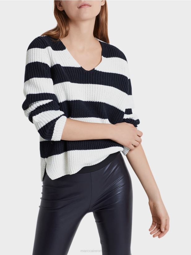 pulover cu dungi bloc Marc Cain albastru miezul nopții îmbrăcăminte 4826HH1216