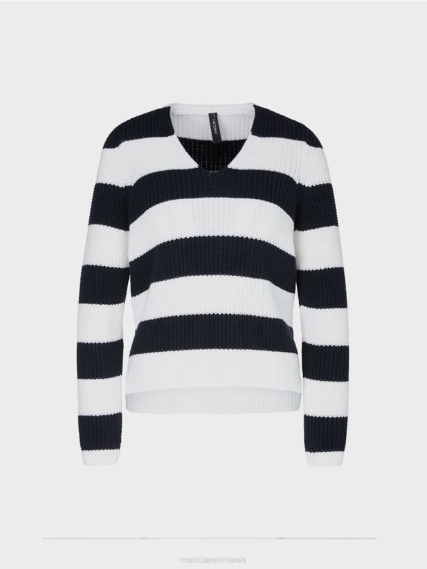 pulover cu dungi bloc Marc Cain albastru miezul nopții îmbrăcăminte 4826HH1216