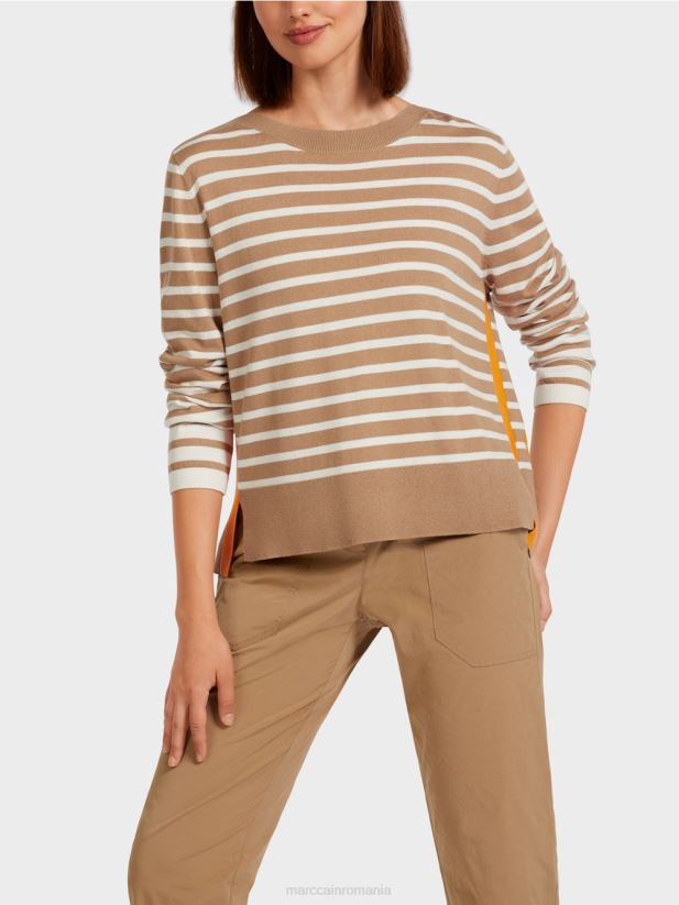 pulover cu dungi impletite Marc Cain cafea ușoară îmbrăcăminte 4826HH1179