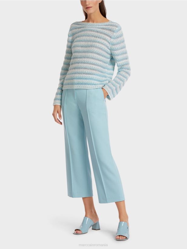 pulover cu dungi "tricotat in germania" Marc Cain albastru atmosferic îmbrăcăminte 4826HH1205