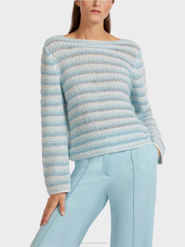 pulover cu dungi \"tricotat in germania\" Marc Cain albastru atmosferic îmbrăcăminte 4826HH1205
