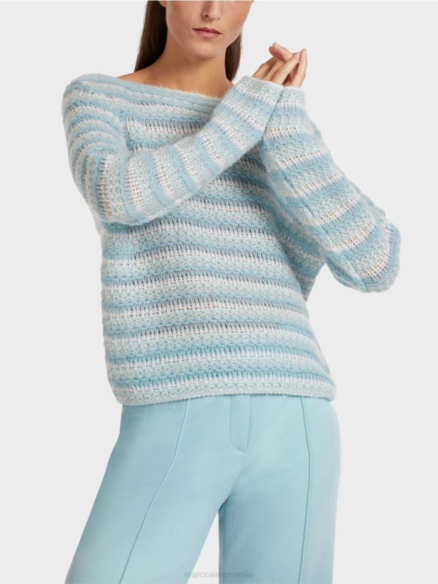pulover cu dungi \"tricotat in germania\" Marc Cain albastru atmosferic îmbrăcăminte 4826HH1205