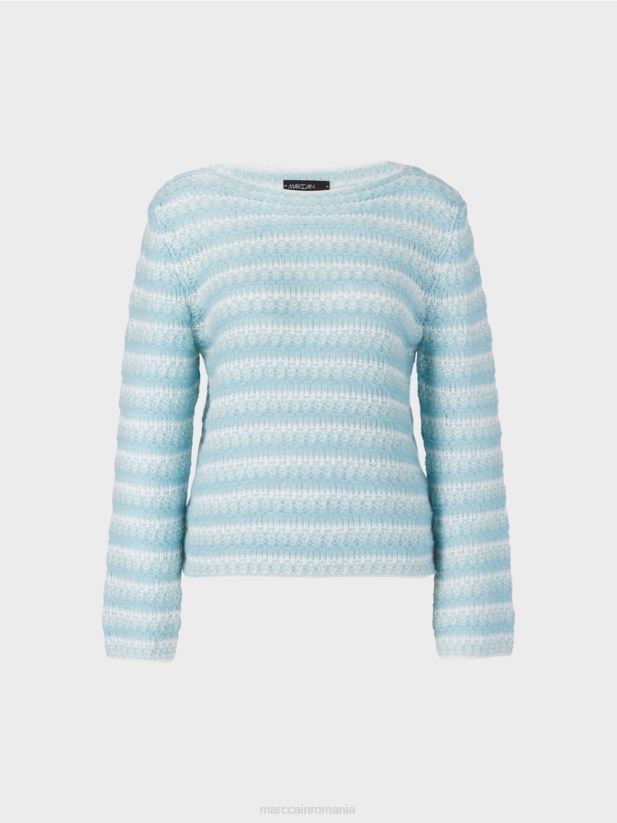 pulover cu dungi \"tricotat in germania\" Marc Cain albastru atmosferic îmbrăcăminte 4826HH1205