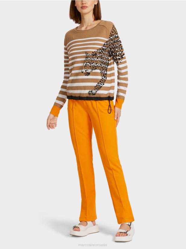 pulover cu dungi "tricotat in germania" Marc Cain cafea ușoară îmbrăcăminte 4826HH1181