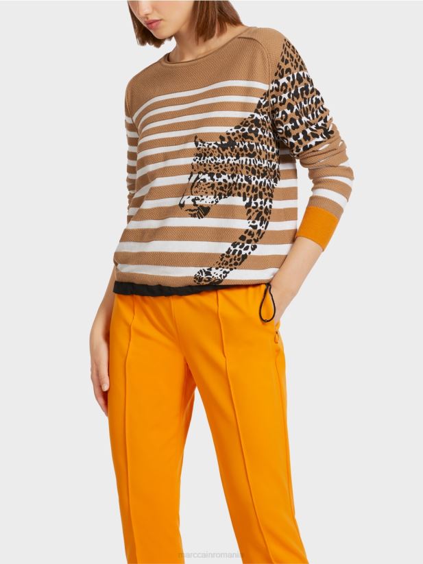 pulover cu dungi \"tricotat in germania\" Marc Cain cafea ușoară îmbrăcăminte 4826HH1181