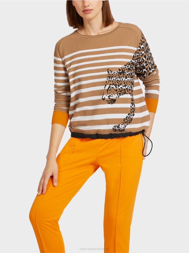 pulover cu dungi \"tricotat in germania\" Marc Cain cafea ușoară îmbrăcăminte 4826HH1181