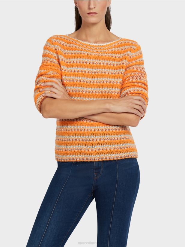 pulover cu dungi \"tricotat in germania\" Marc Cain portocaliu limpede îmbrăcăminte 4826HH1210