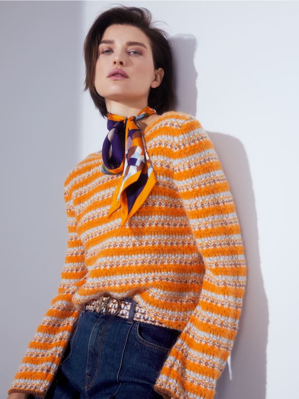 pulover cu dungi \"tricotat in germania\" Marc Cain portocaliu limpede îmbrăcăminte 4826HH1210