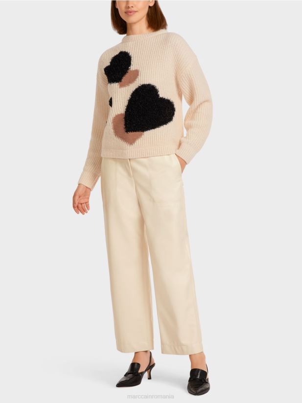 pulover cu inima "tricotat in germania" Marc Cain cremă îmbrăcăminte 4826HH1193