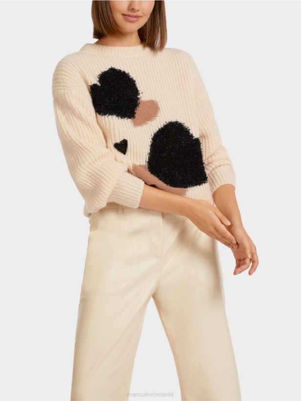 pulover cu inima \"tricotat in germania\" Marc Cain cremă îmbrăcăminte 4826HH1193