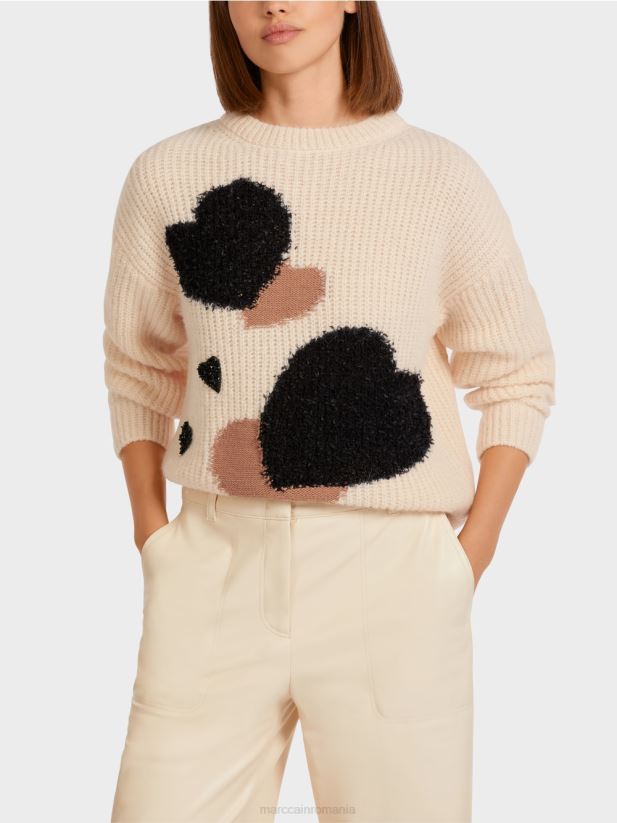 pulover cu inima \"tricotat in germania\" Marc Cain cremă îmbrăcăminte 4826HH1193