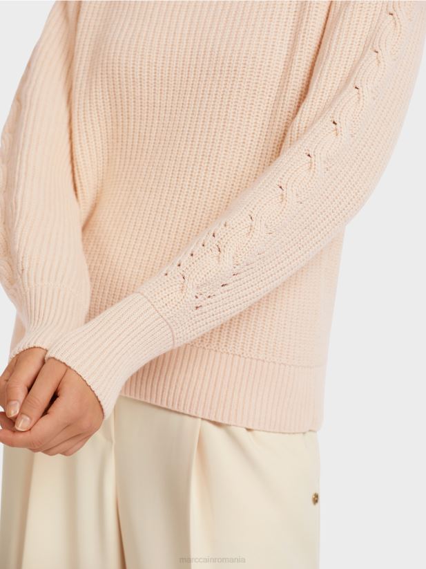 pulover din tricot cablu \"tricotat in germania\" Marc Cain cremă îmbrăcăminte 4826HH1194