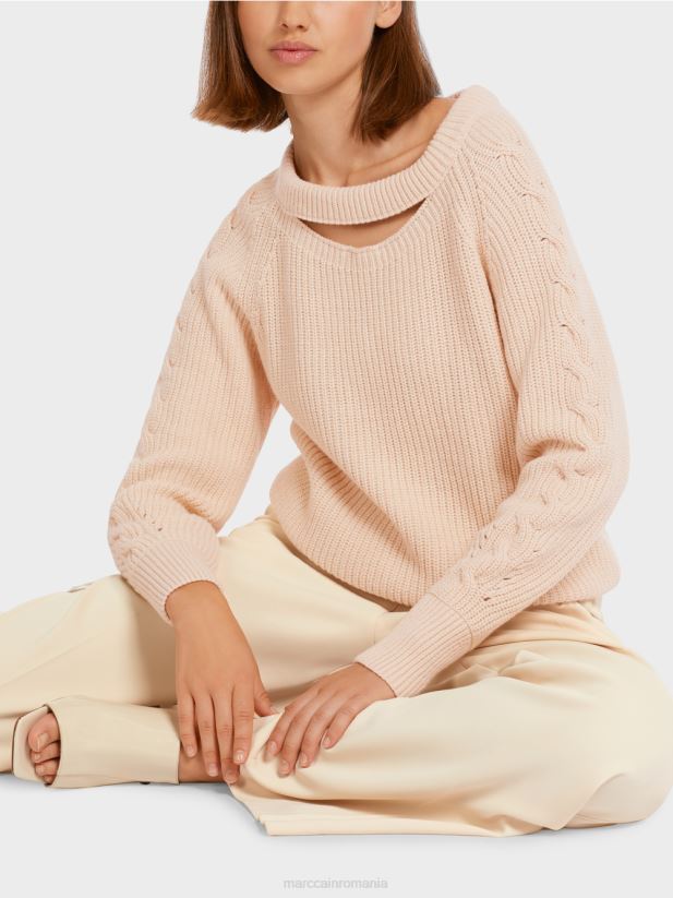 pulover din tricot cablu \"tricotat in germania\" Marc Cain cremă îmbrăcăminte 4826HH1194
