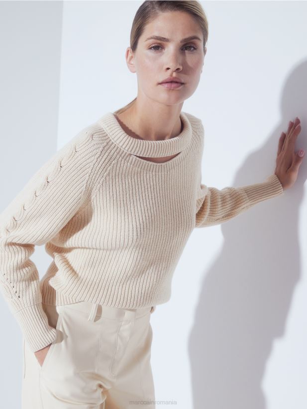 pulover din tricot cablu \"tricotat in germania\" Marc Cain cremă îmbrăcăminte 4826HH1194