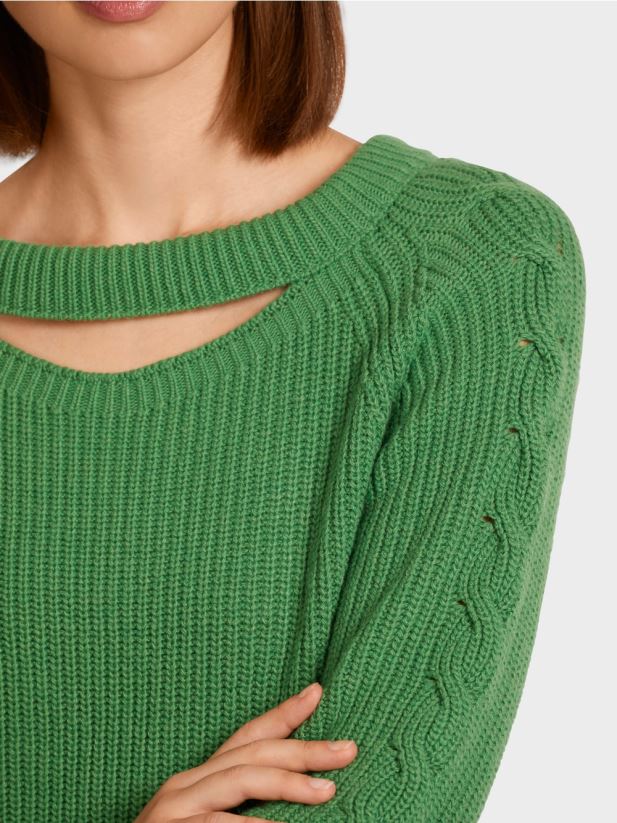 pulover din tricot cablu \"tricotat in germania\" Marc Cain mușchi verde îmbrăcăminte 4826HH1198