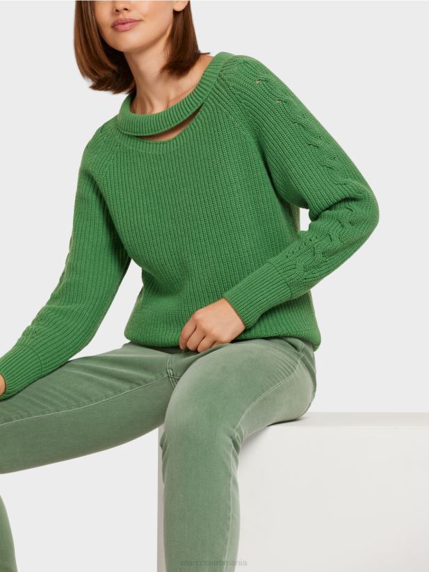 pulover din tricot cablu \"tricotat in germania\" Marc Cain mușchi verde îmbrăcăminte 4826HH1198