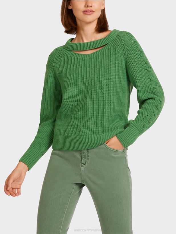 pulover din tricot cablu \"tricotat in germania\" Marc Cain mușchi verde îmbrăcăminte 4826HH1198