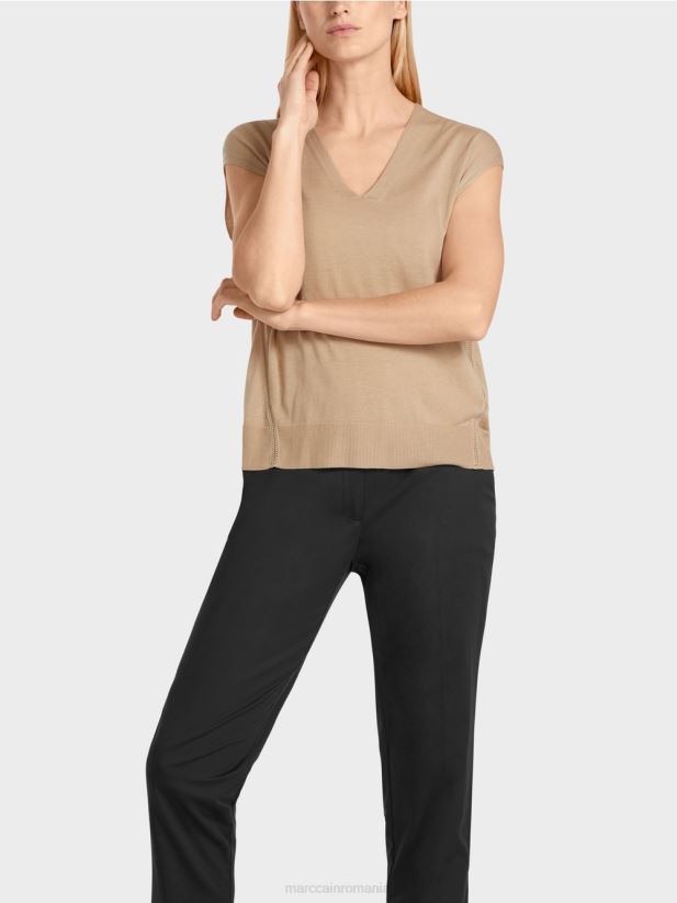 pulover din tricot fin fără mâneci Marc Cain nisip adânc îmbrăcăminte 4826HH1151