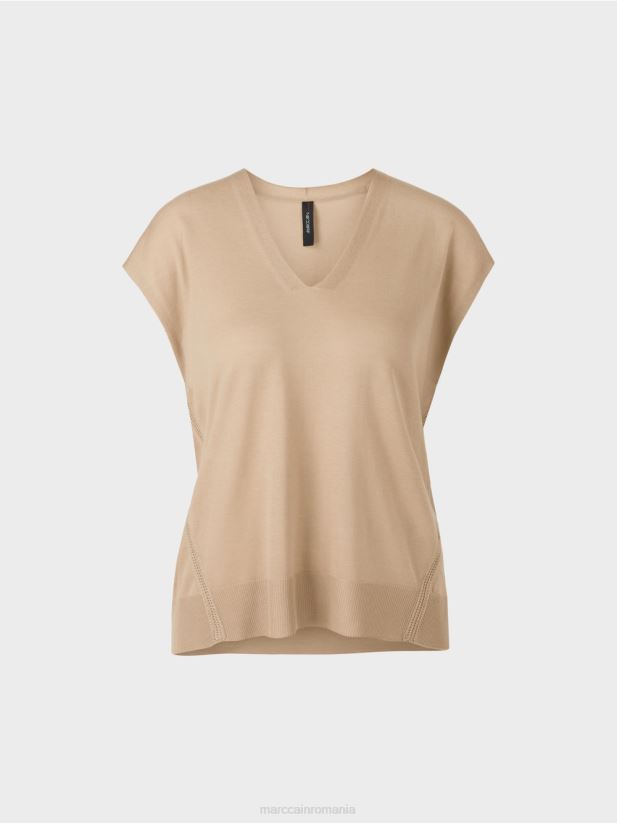 pulover din tricot fin fără mâneci Marc Cain nisip adânc îmbrăcăminte 4826HH1151