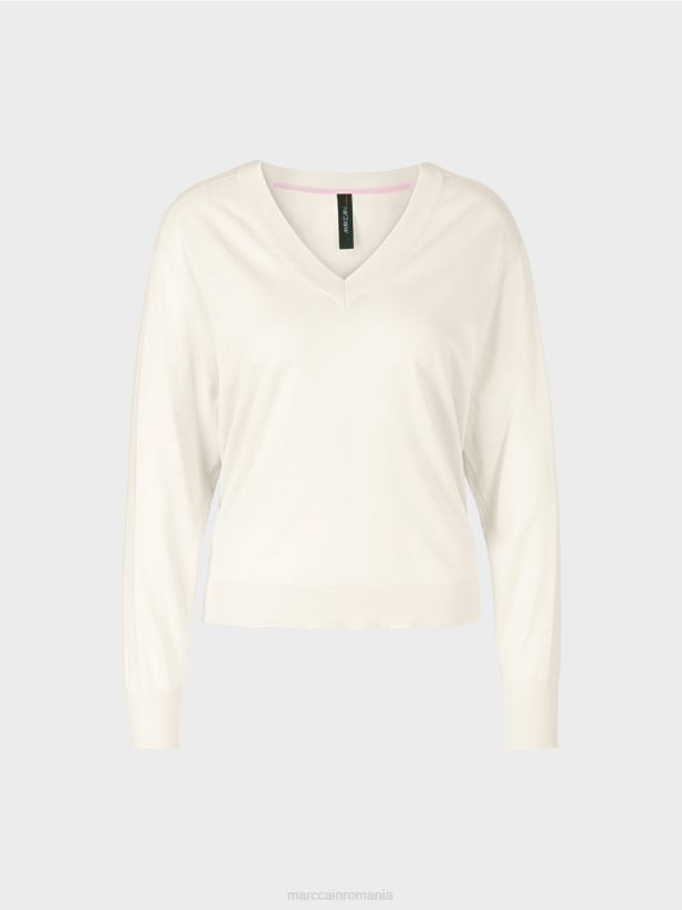 pulover elegant din tricot fin cu decolteu in V Marc Cain aproape alb îmbrăcăminte 4826HH1154