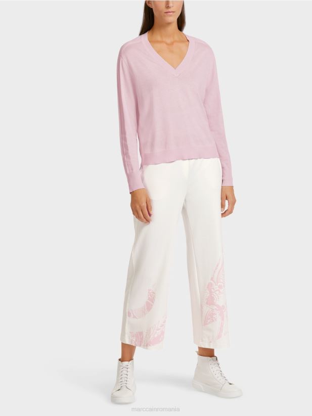 pulover elegant din tricot fin cu decolteu in V Marc Cain lavandă ușoară îmbrăcăminte 4826HH1156