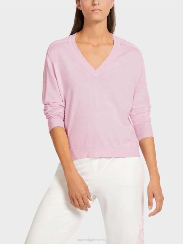 pulover elegant din tricot fin cu decolteu in V Marc Cain lavandă ușoară îmbrăcăminte 4826HH1156