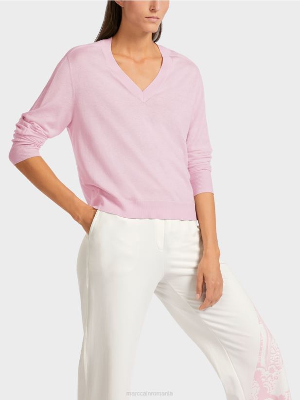 pulover elegant din tricot fin cu decolteu in V Marc Cain lavandă ușoară îmbrăcăminte 4826HH1156