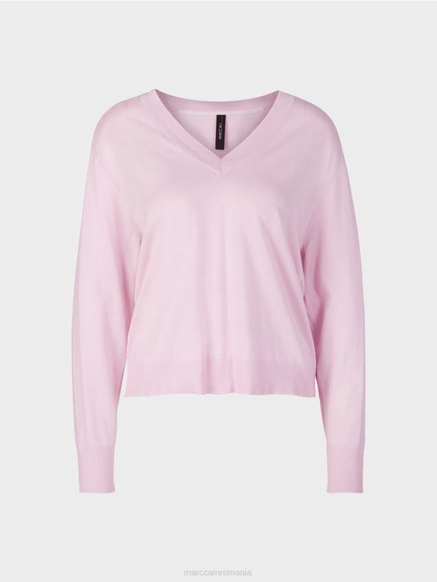 pulover elegant din tricot fin cu decolteu in V Marc Cain lavandă ușoară îmbrăcăminte 4826HH1156