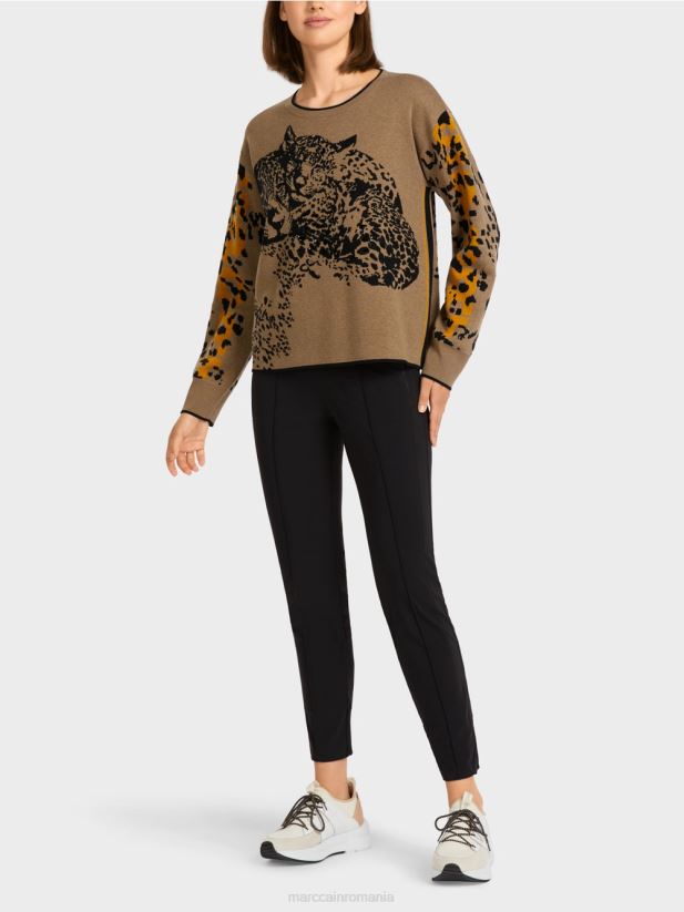pulover tricotat cu design leopard Marc Cain cafea ușoară îmbrăcăminte 4826HH1180