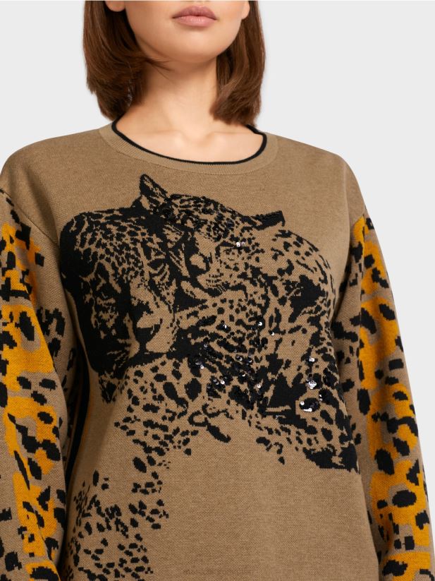 pulover tricotat cu design leopard Marc Cain cafea ușoară îmbrăcăminte 4826HH1180