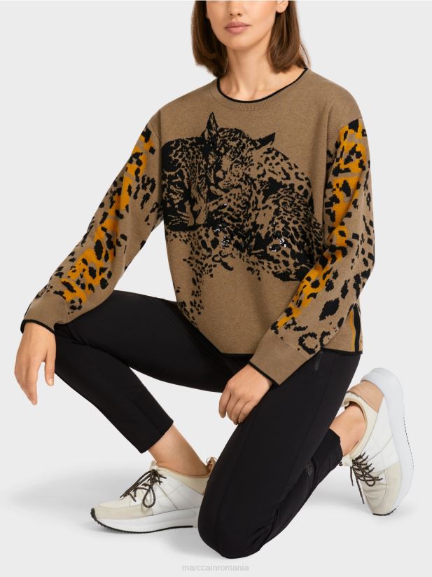 pulover tricotat cu design leopard Marc Cain cafea ușoară îmbrăcăminte 4826HH1180