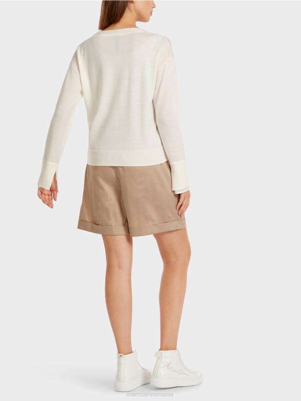 pulover tricotat delicat cu decolteu în V Marc Cain aproape alb îmbrăcăminte 4826HH1158