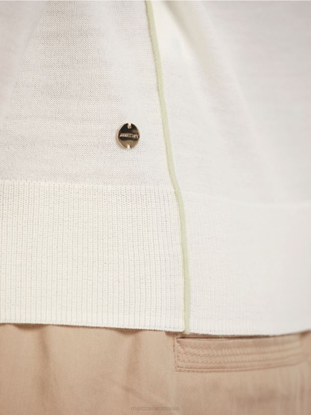 pulover tricotat delicat cu decolteu în V Marc Cain aproape alb îmbrăcăminte 4826HH1158