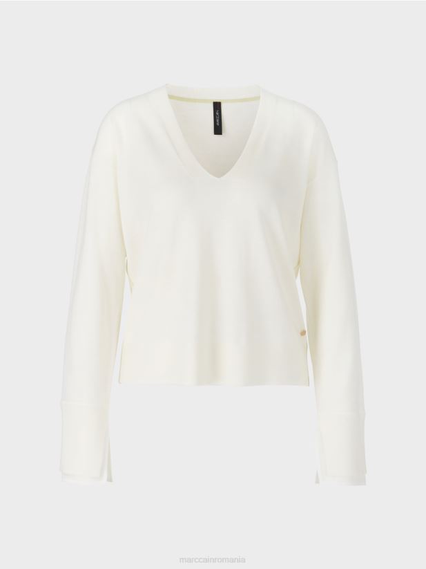 pulover tricotat delicat cu decolteu în V Marc Cain aproape alb îmbrăcăminte 4826HH1158