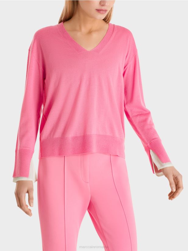 pulover tricotat delicat cu decolteu în V Marc Cain roz aprins îmbrăcăminte 4826HH1166
