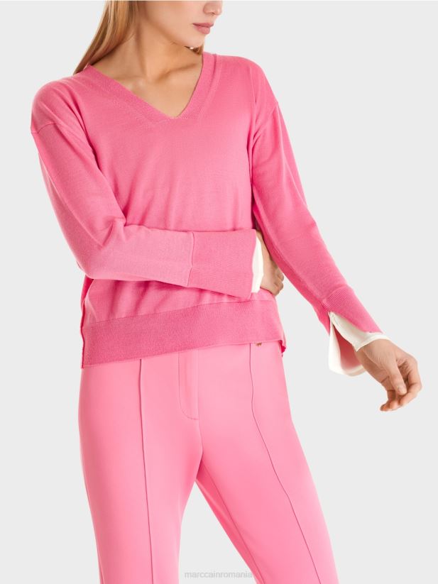 pulover tricotat delicat cu decolteu în V Marc Cain roz aprins îmbrăcăminte 4826HH1166