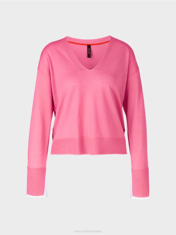 pulover tricotat delicat cu decolteu în V Marc Cain roz aprins îmbrăcăminte 4826HH1166