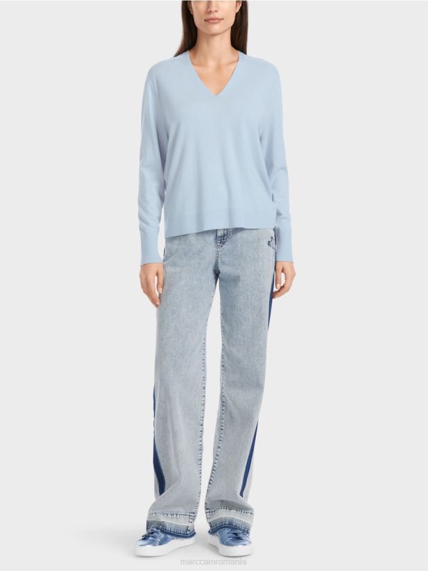 pulover tricotat „rethink together”. Marc Cain albastru pudra moale îmbrăcăminte 4826HH1101