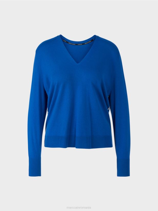 pulover tricotat „rethink together”. Marc Cain albastru regal strălucitor îmbrăcăminte 4826HH1058