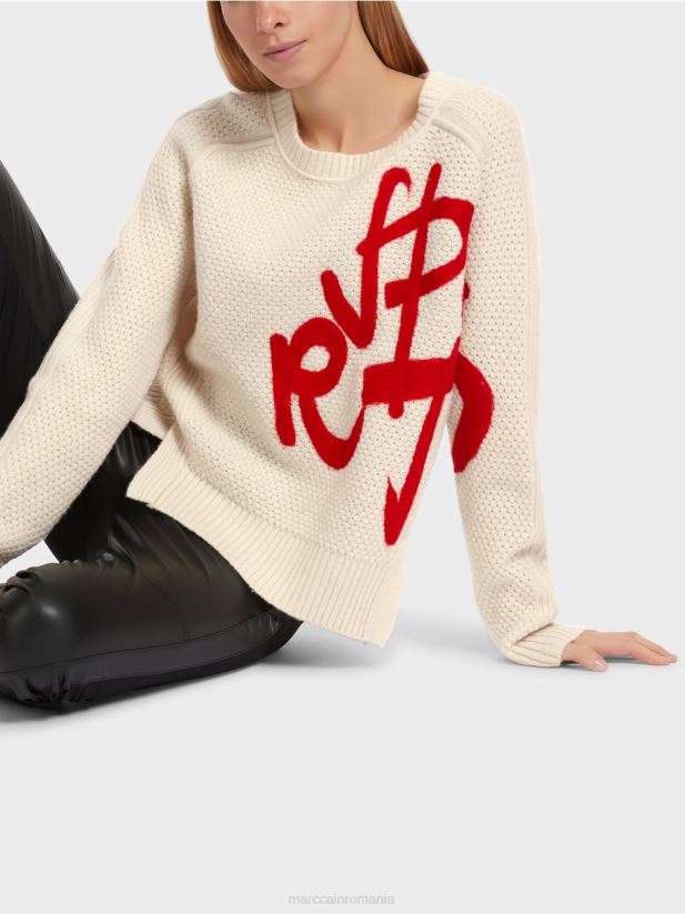 pulover tricotat „rethink together”. Marc Cain lapte de migdale îmbrăcăminte 4826HH1043