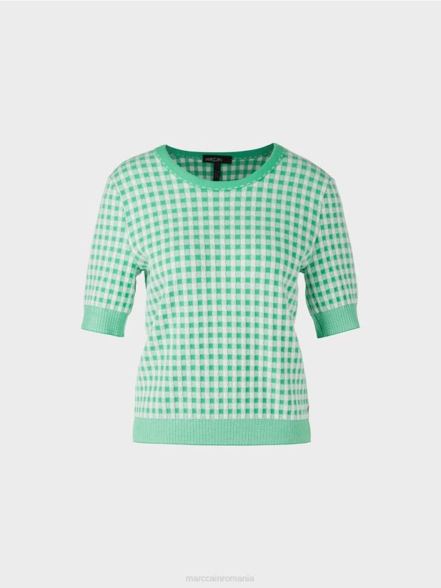 pulover vichy cu carouri \"tricotat in germania\" Marc Cain jad strălucitor îmbrăcăminte 4826HH1173